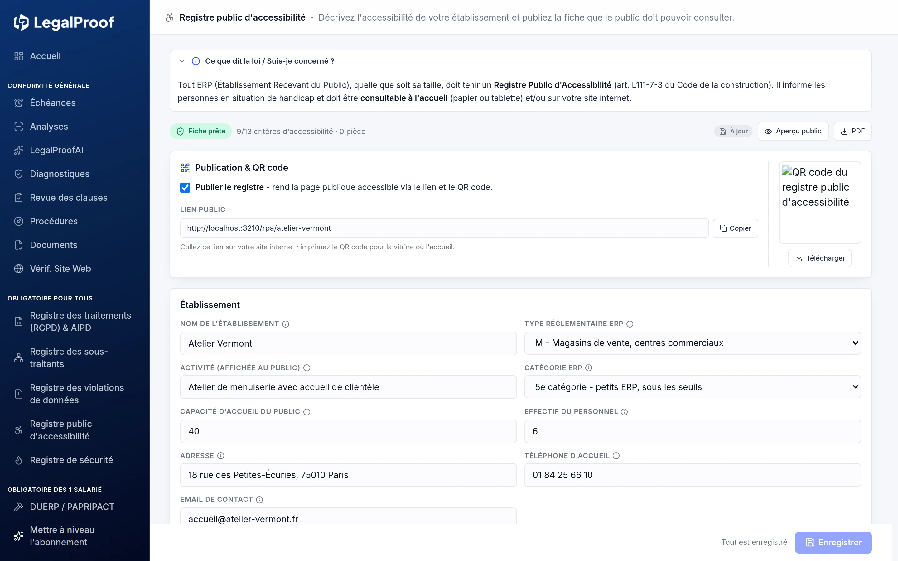 Registre public d'accessibilité dans LegalProof : la fiche de l'établissement, ses équipements adaptés et sa dérogation