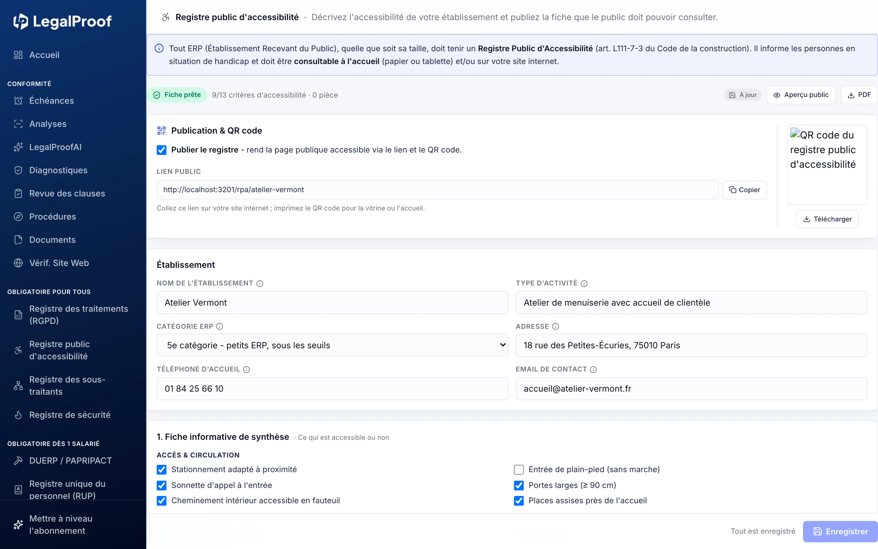 Registre public d'accessibilité dans LegalProof : la fiche de l'établissement, ses équipements adaptés et sa dérogation