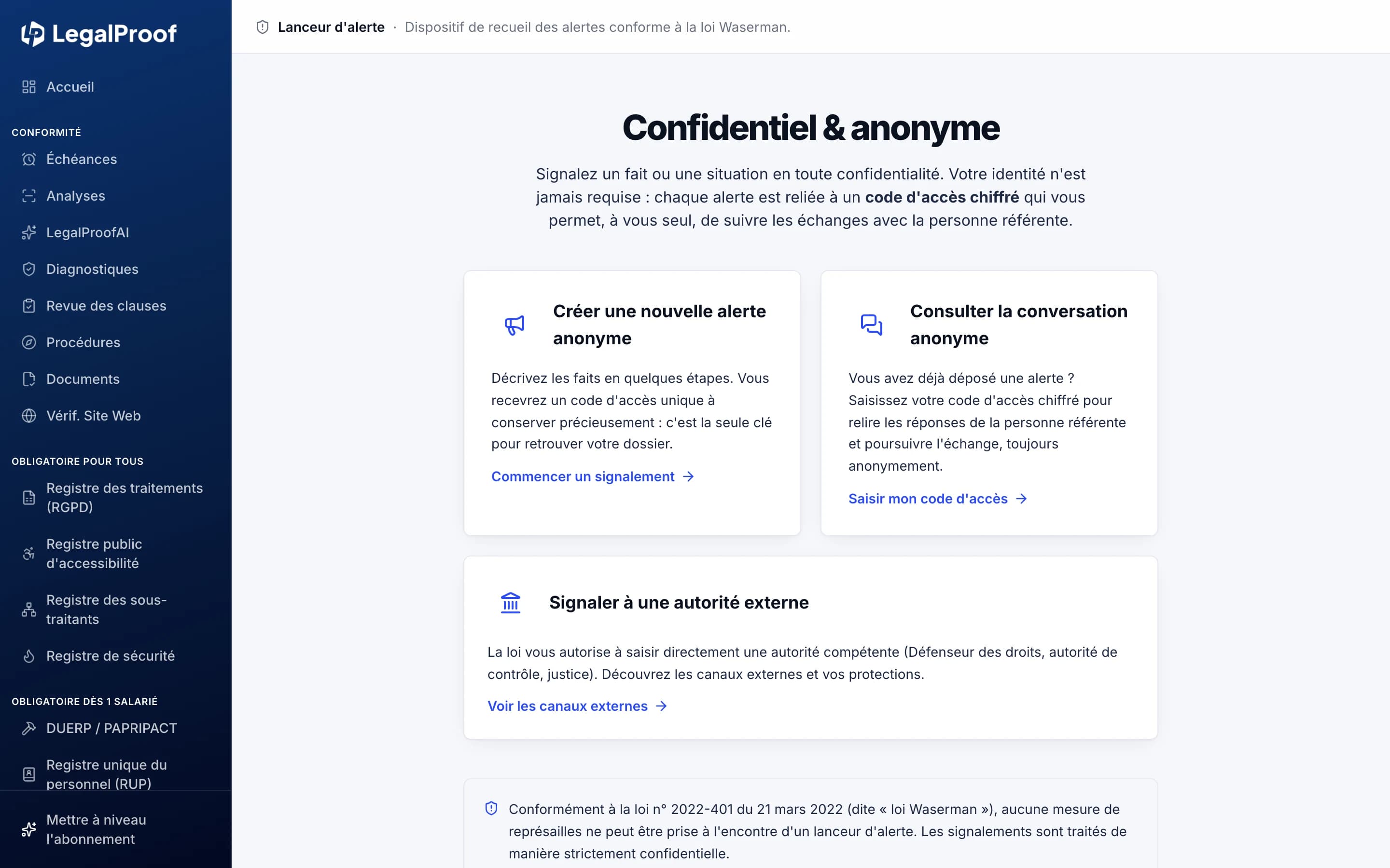 Dispositif de lanceur d'alerte dans LegalProof : créer une alerte anonyme, la suivre avec son code d'accès ou saisir une autorité externe