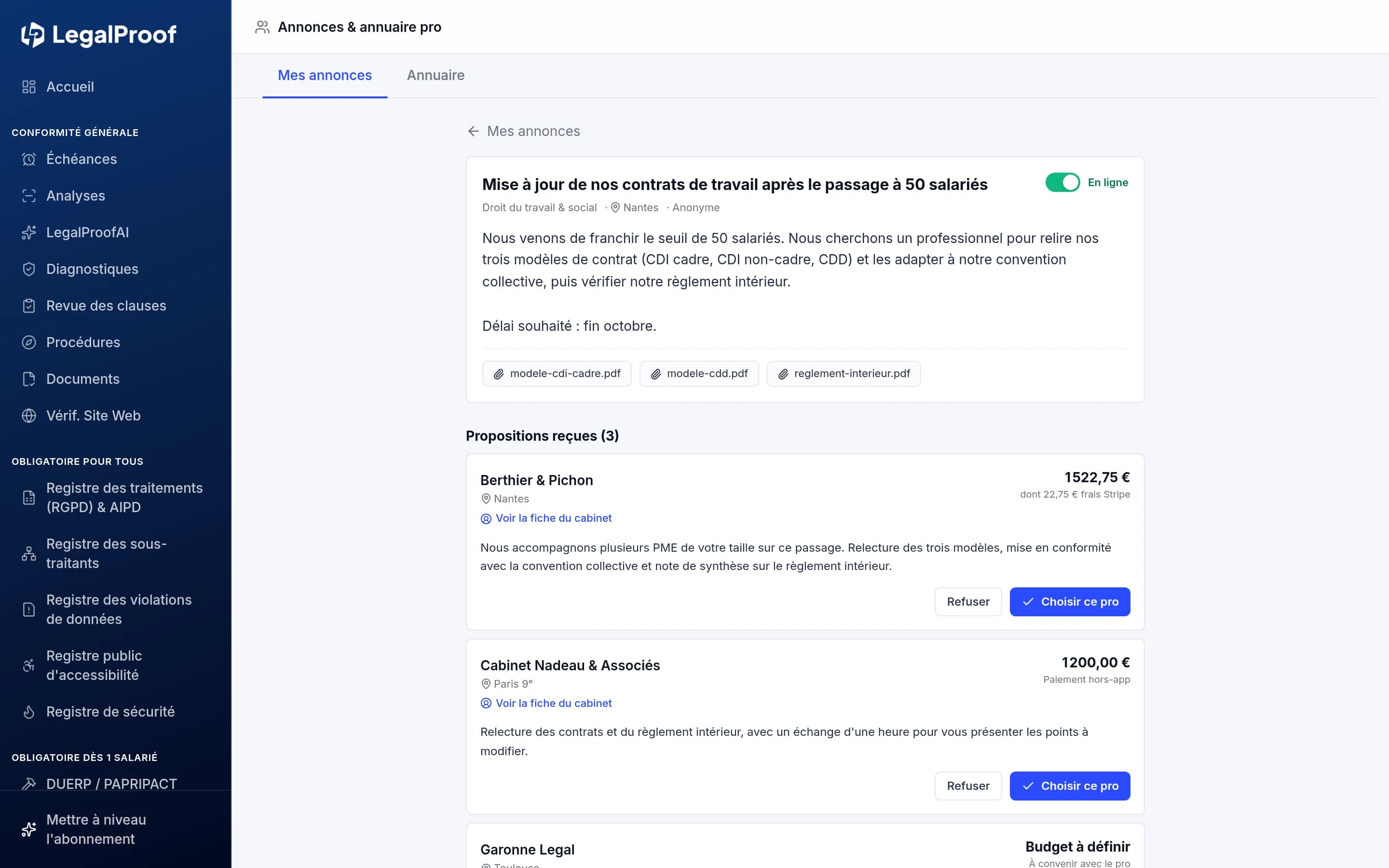 Annonce publiée dans LegalProof : le besoin décrit, trois pièces jointes et les propositions chiffrées de trois cabinets