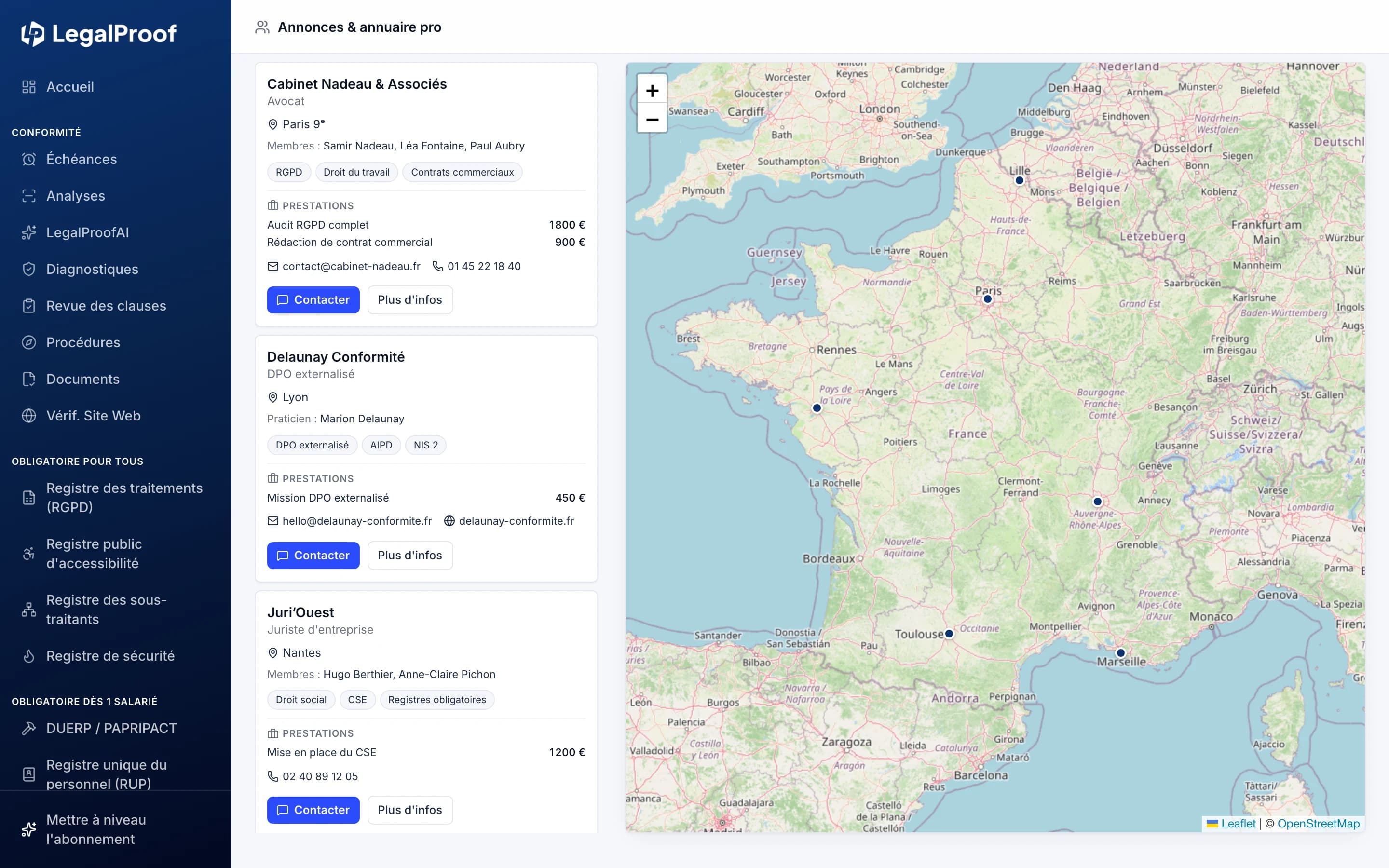 Annuaire LegalProof : fiches de cabinets avec leurs prestations, à côté d'une carte de France