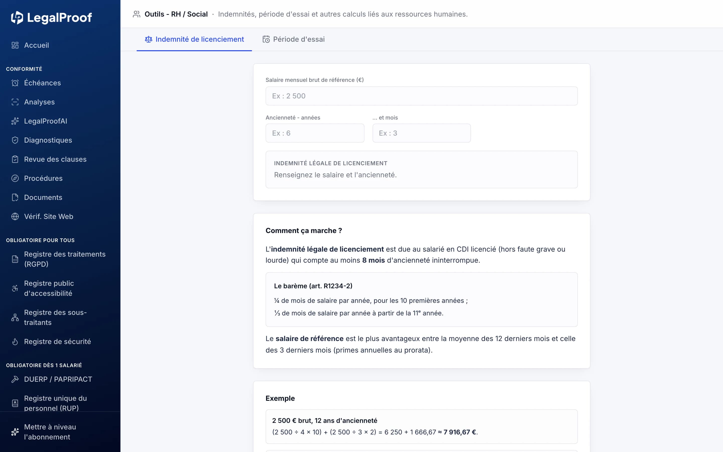 Calculateur d'indemnité de licenciement dans LegalProof, avec le barème de l'article R1234-2 et un exemple chiffré