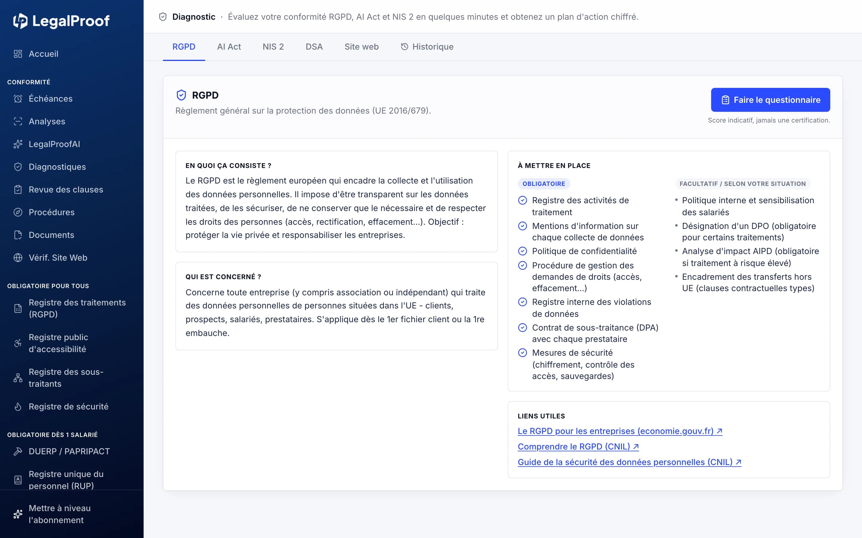 Diagnostic RGPD dans LegalProof : explication du règlement, liste des obligations et liens officiels