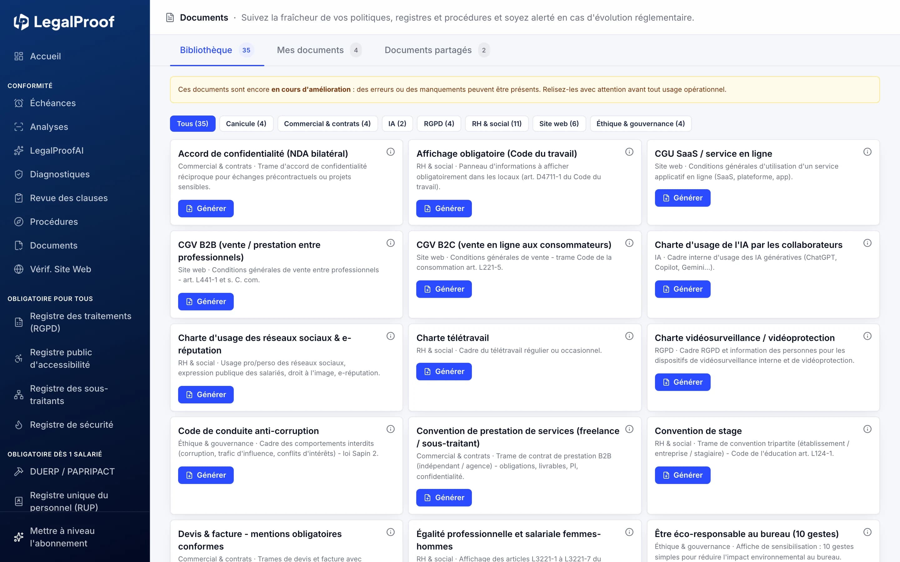Bibliothèque de documents de conformité dans LegalProof : trames de CGV, chartes et procédures, chacune avec son bouton de génération