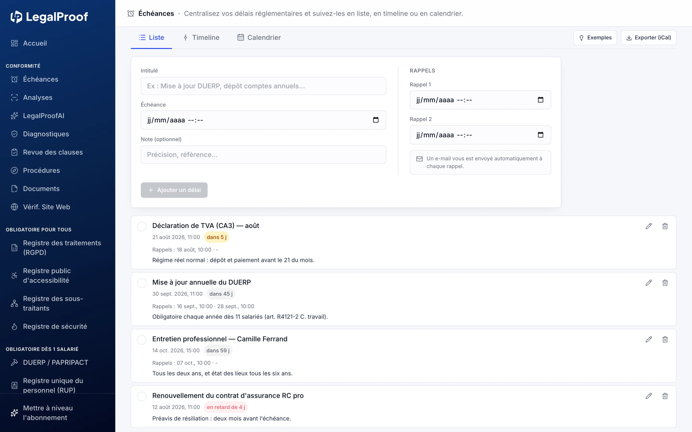 Échéances dans LegalProof : déclaration de TVA, mise à jour du DUERP et entretien professionnel, avec leurs rappels et le retard signalé