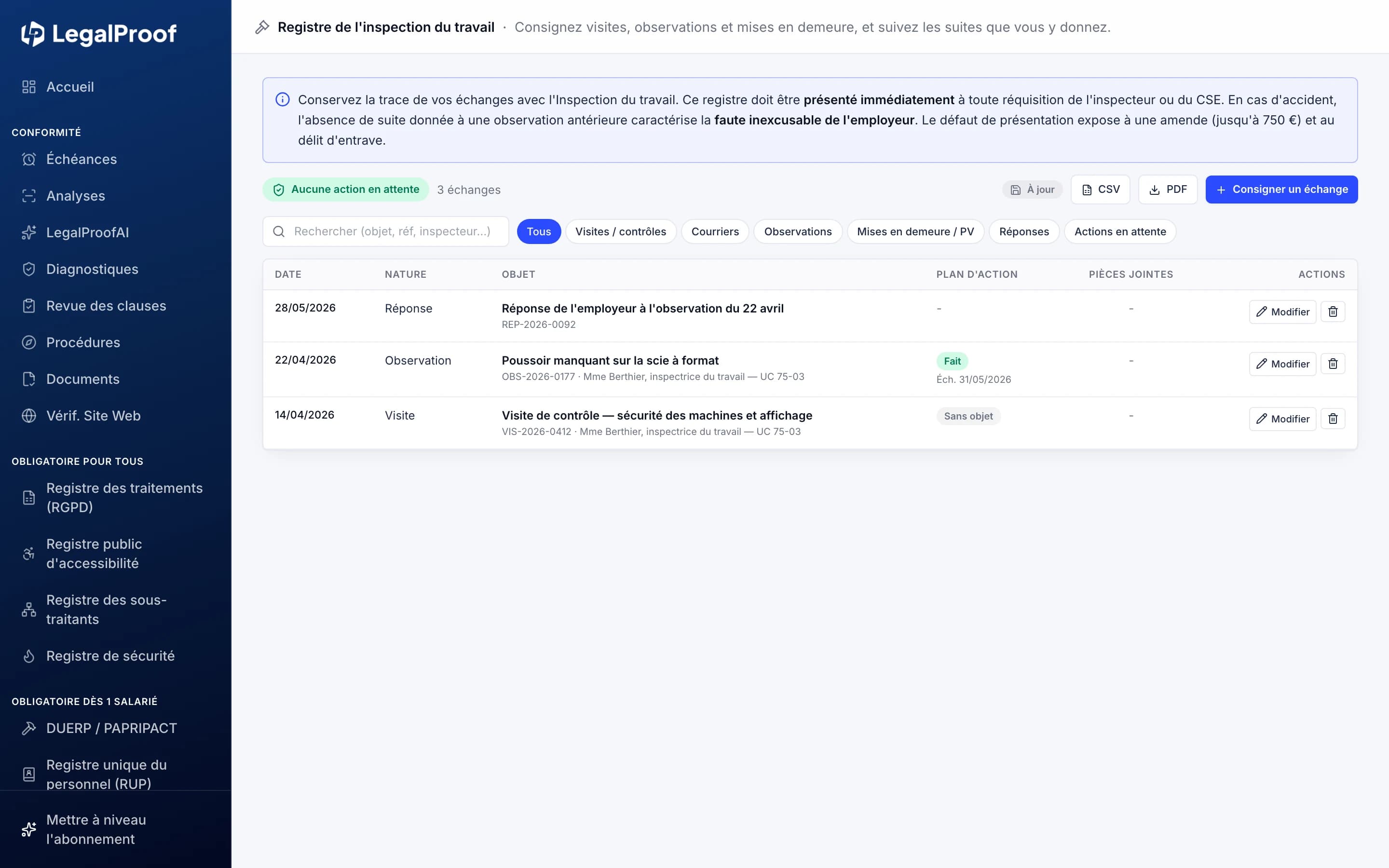 Registre de l'inspection du travail dans LegalProof : visite, observation et réponse de l'employeur, avec le suivi du plan d'action