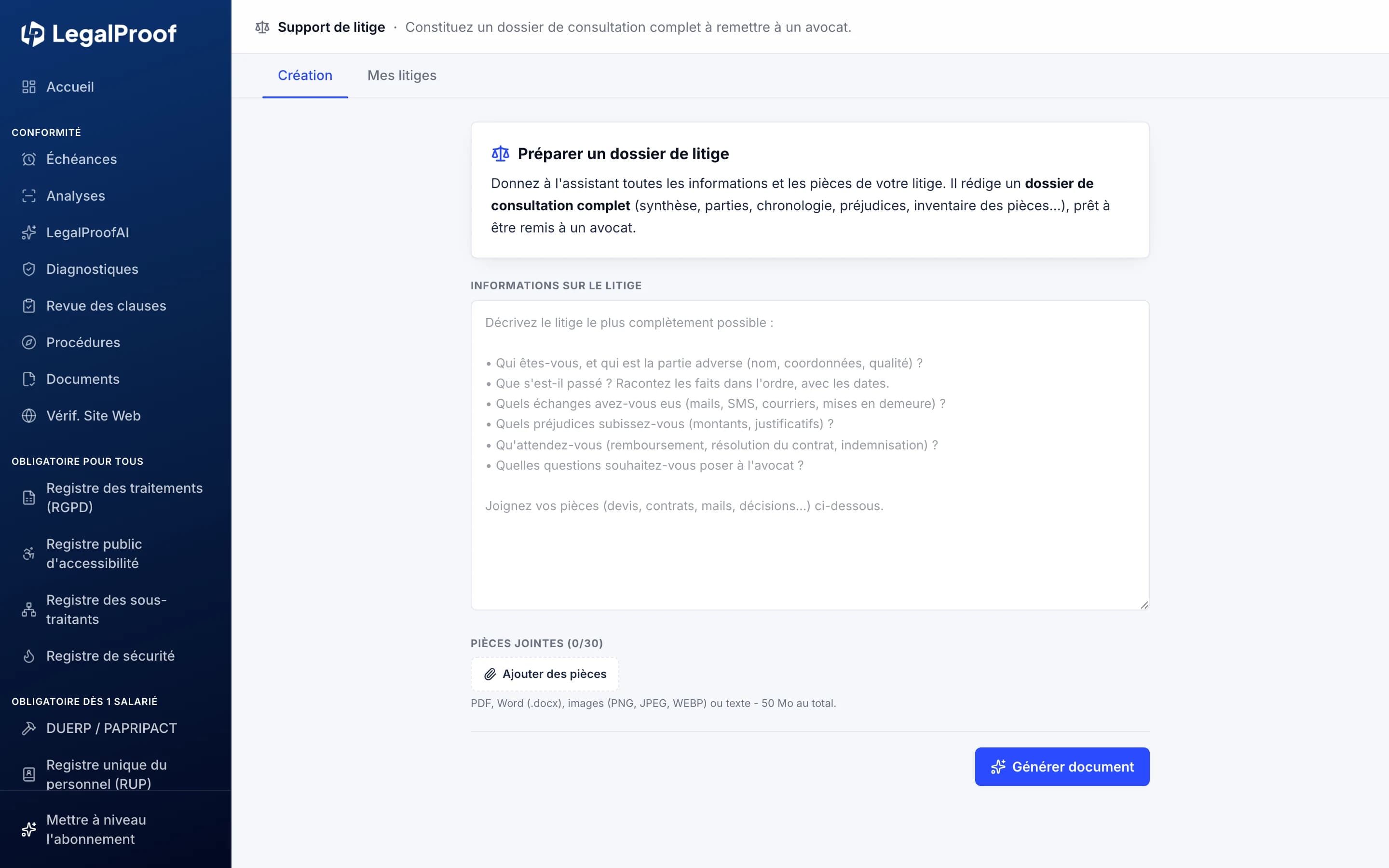 Support de litige dans LegalProof : le questionnaire de préparation du dossier de consultation et la zone de dépôt des pièces
