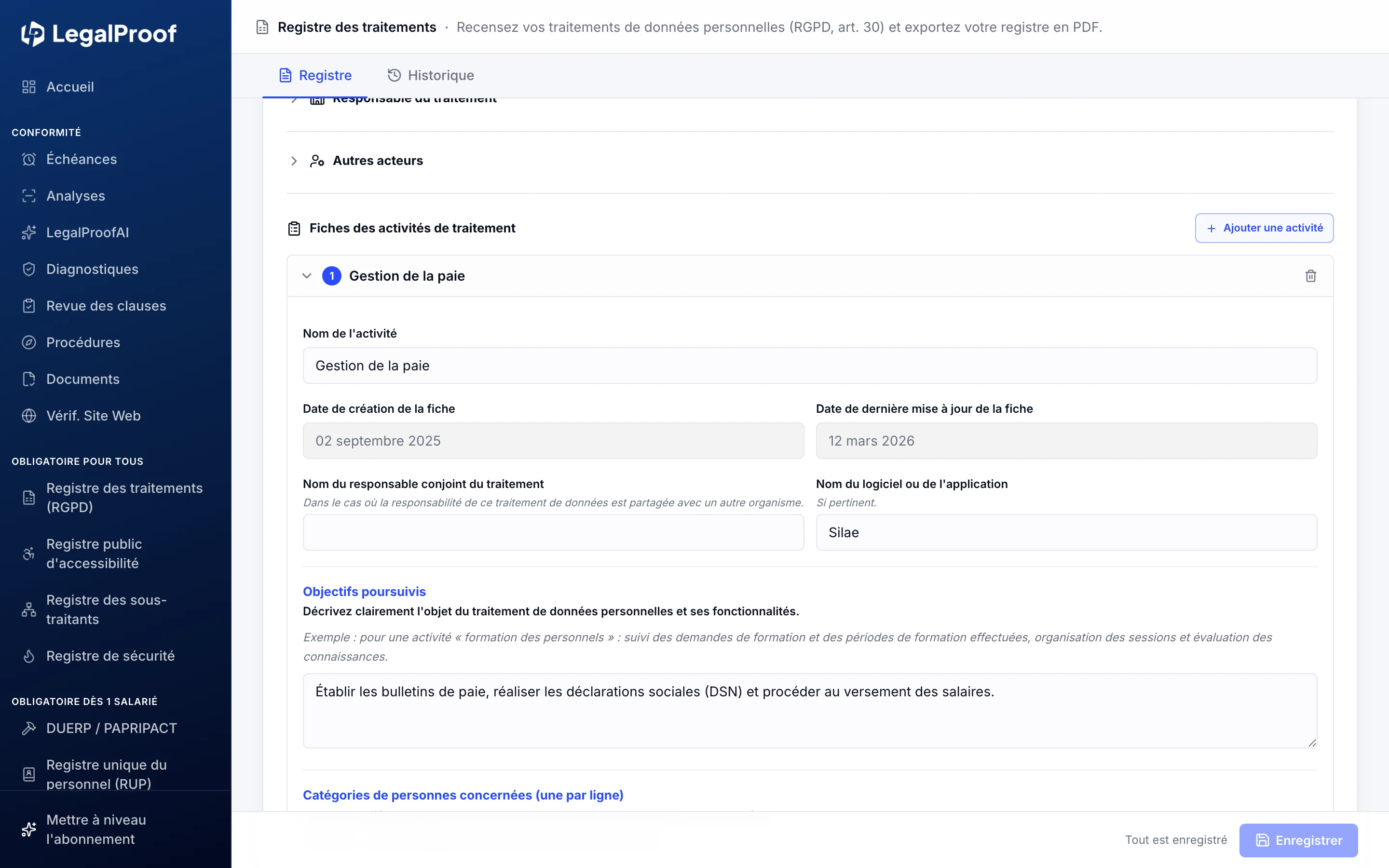 Fiche d'activité du registre des traitements : objectifs, personnes concernées et catégories de données