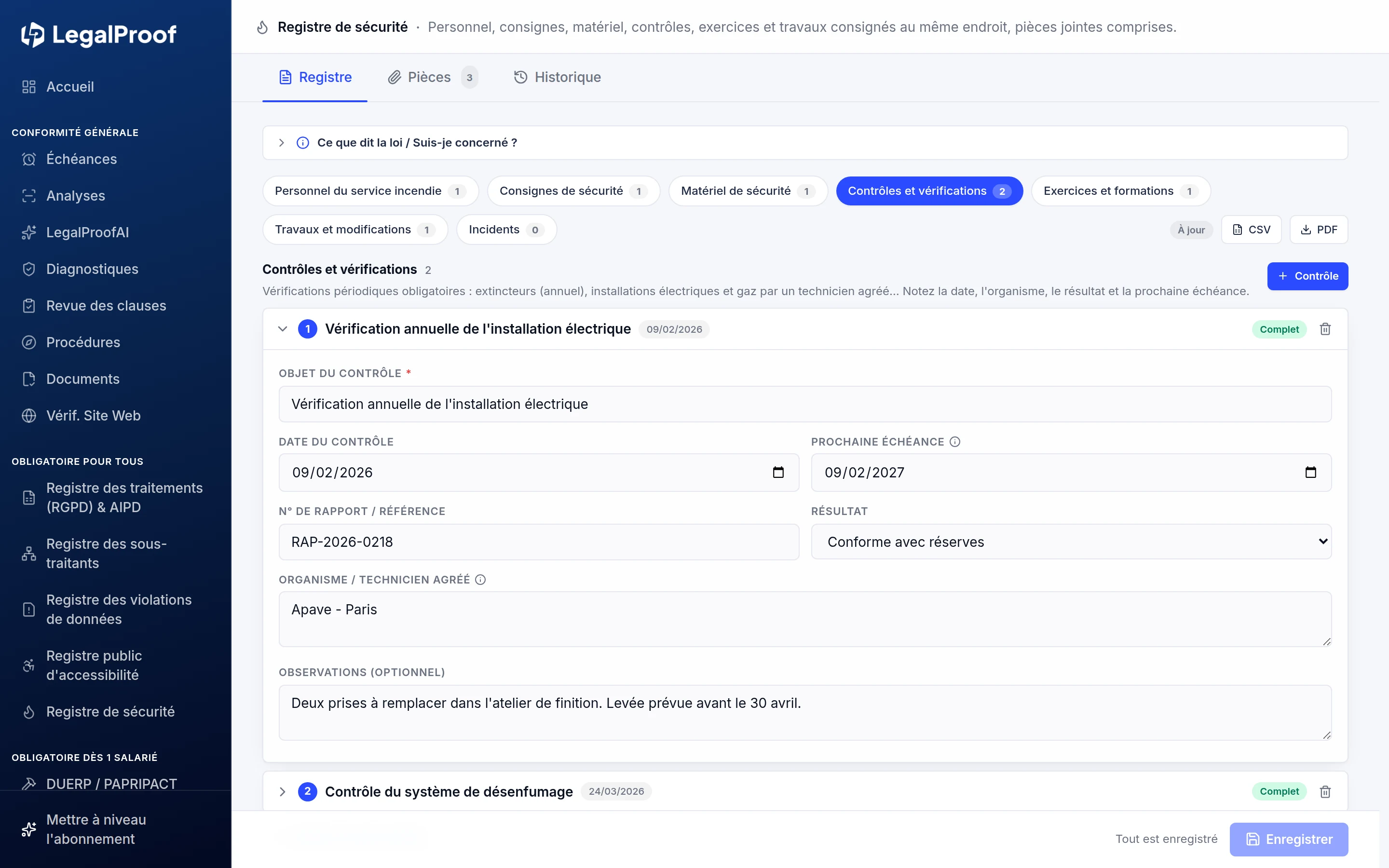 Registre de sécurité dans LegalProof : la fiche d'un contrôle électrique, avec sa date, son organisme agréé et sa prochaine échéance