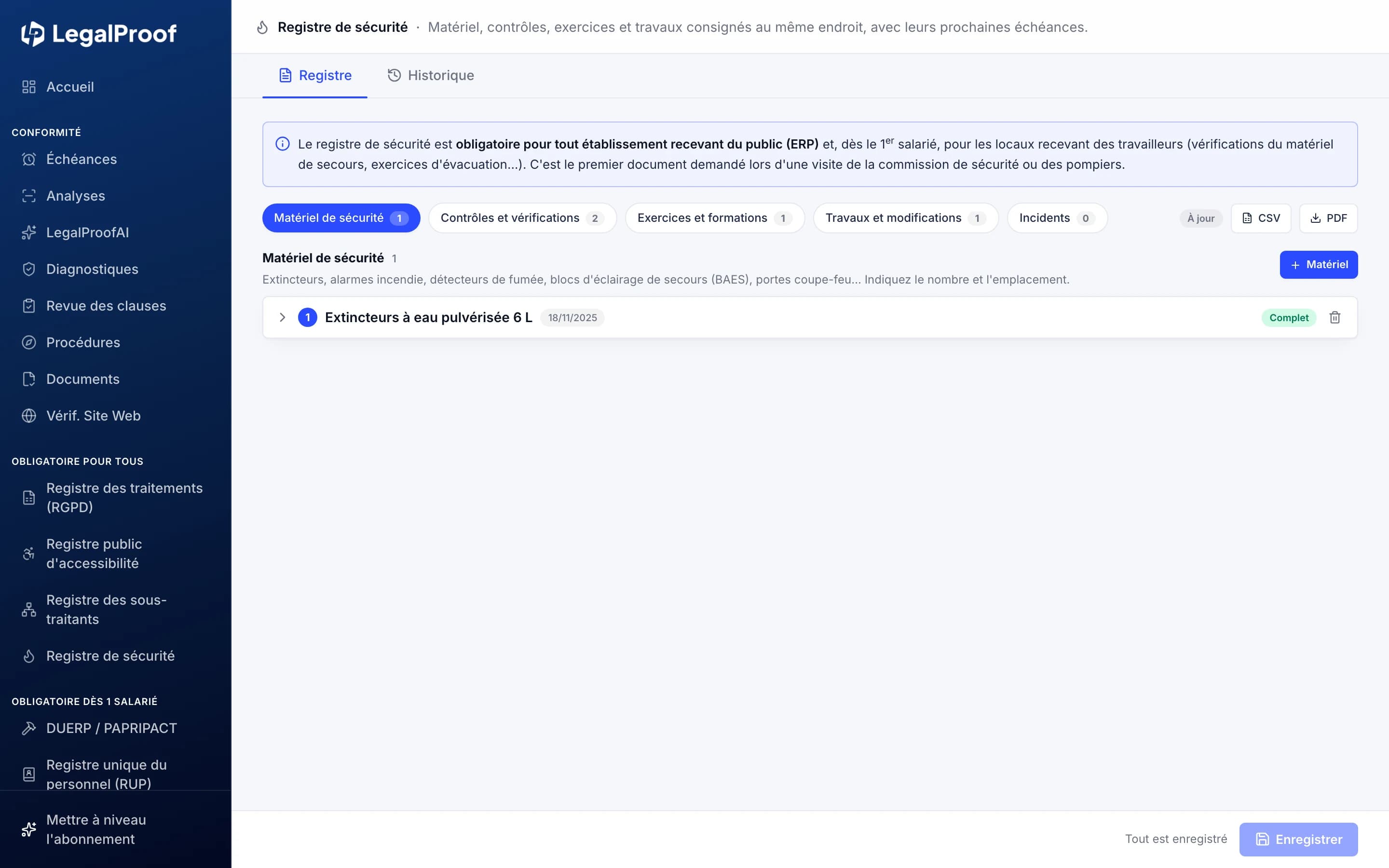 Registre de sécurité dans LegalProof : extincteurs, contrôles électriques et exercice d'évacuation, avec leurs prochaines échéances