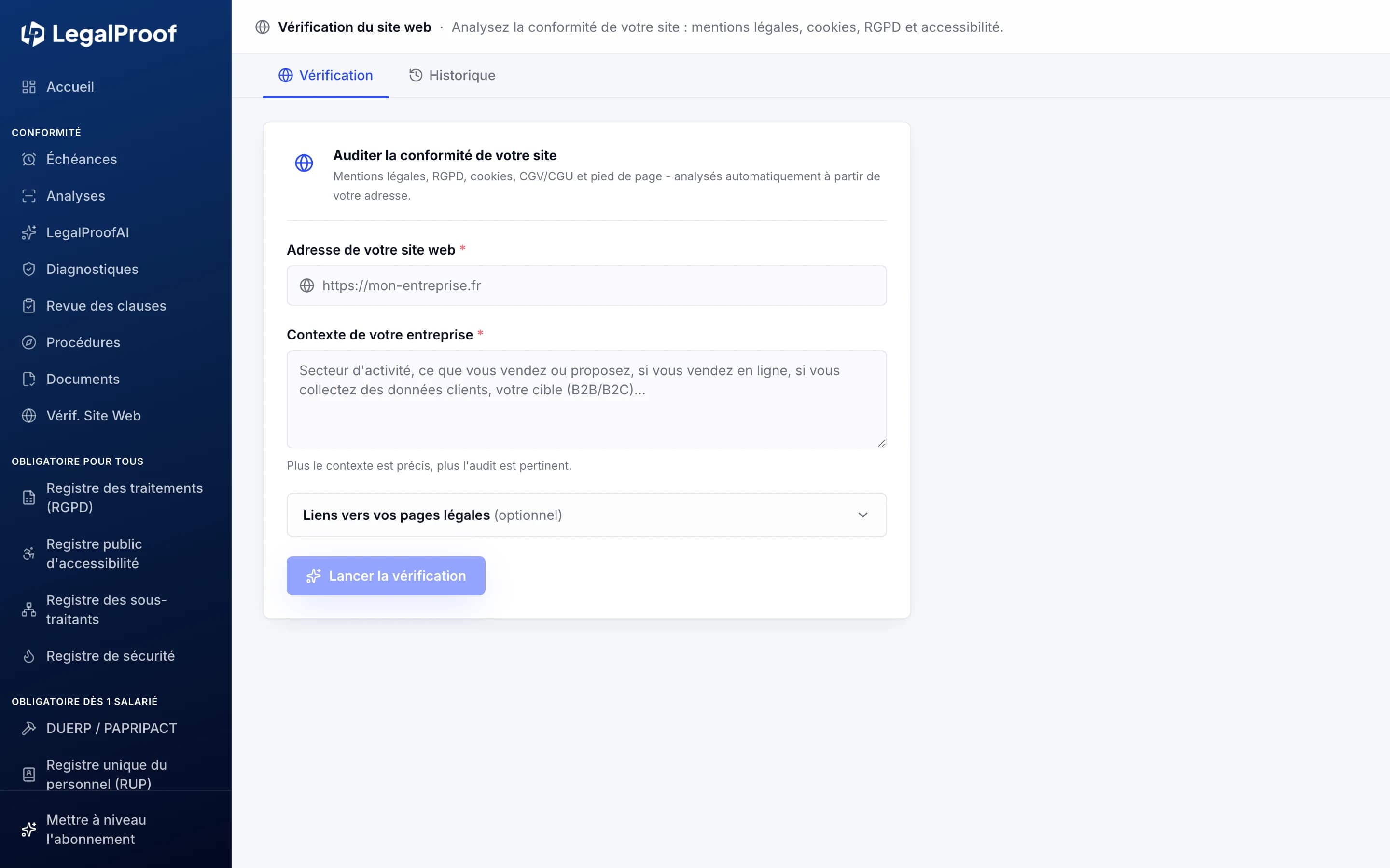 Vérification de site web dans LegalProof : le champ d'adresse à analyser et le nombre de vérifications restantes