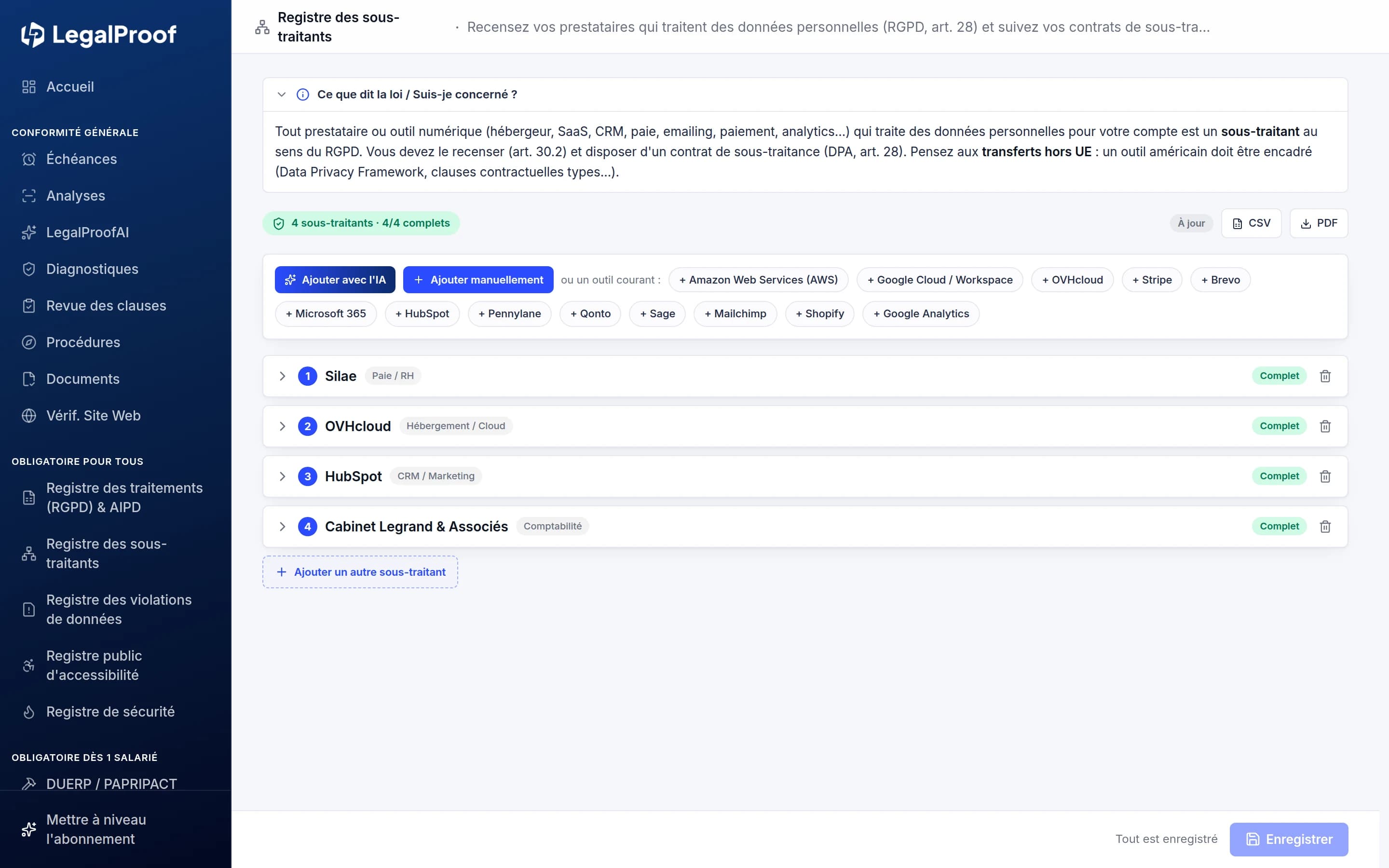 Registre des sous-traitants dans LegalProof : prestataires, finalités, localisation des données et transferts hors UE