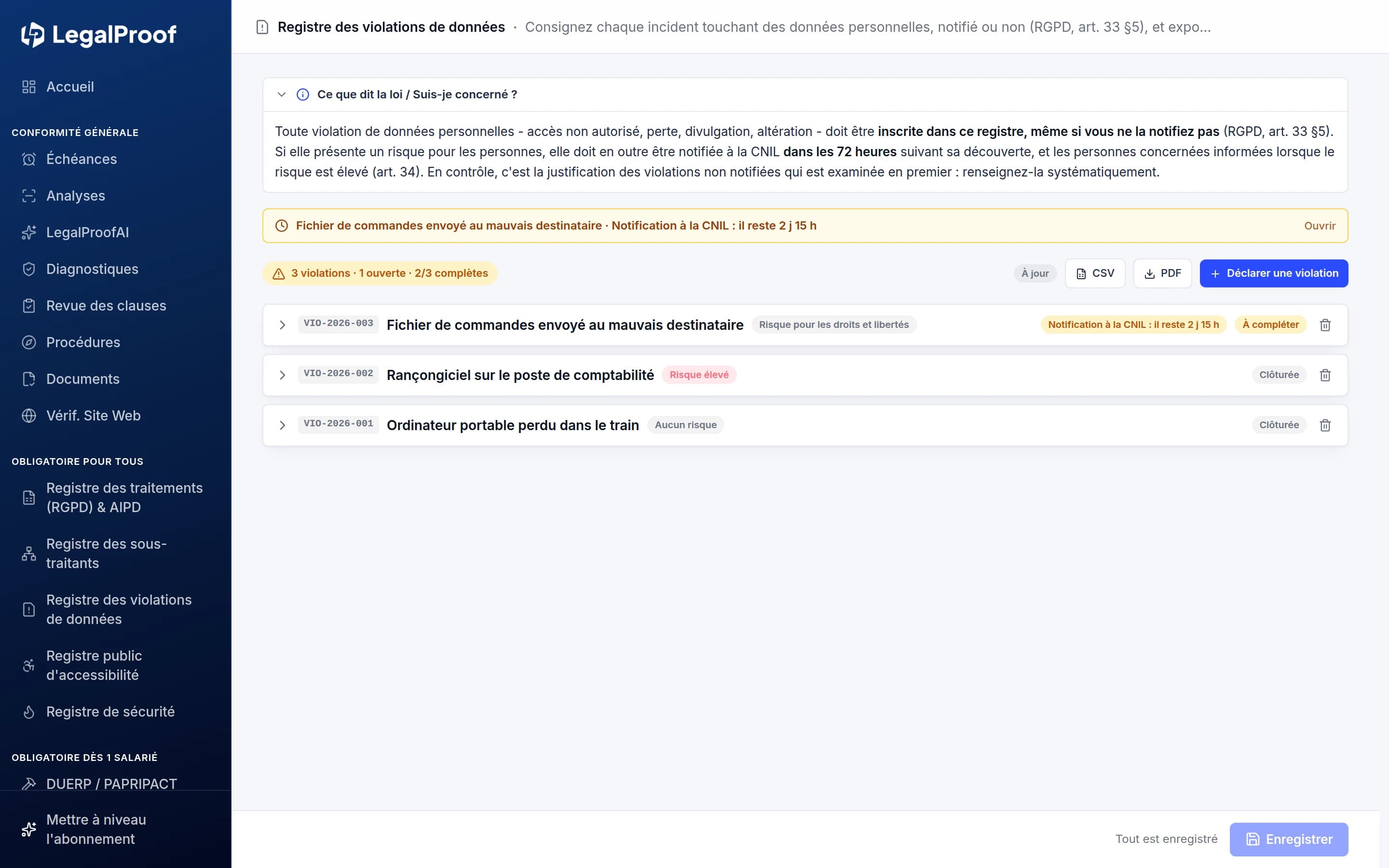 Registre des violations de données dans LegalProof : qualification de l'incident, niveau de risque et suivi du délai de 72 heures