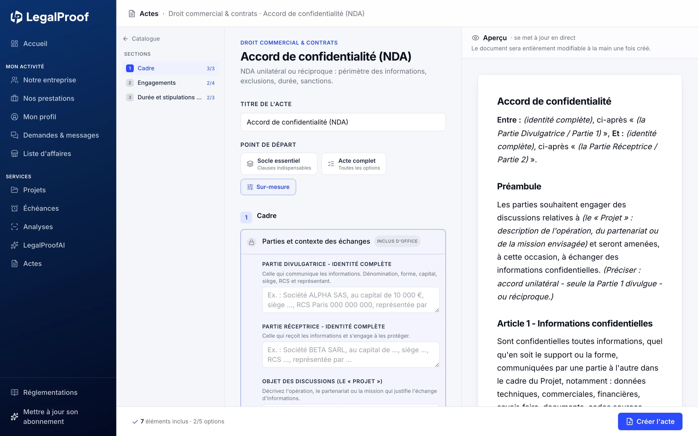 Configurateur d'actes LegalProof : sections d'un accord de confidentialité, clauses à cocher, champs guidés et aperçu du document en direct