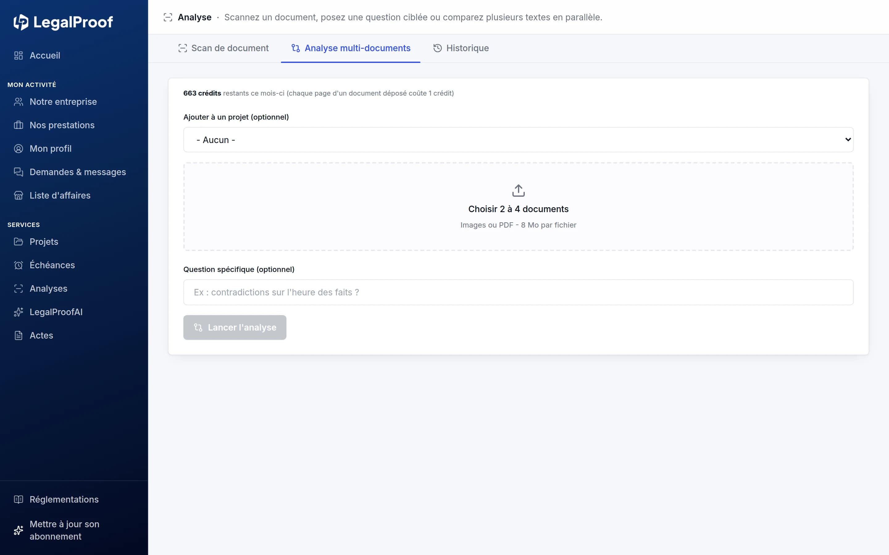 Analyse multi-documents dans LegalProof : la zone de dépôt de deux à quatre pièces, le rattachement à un dossier et le champ de question