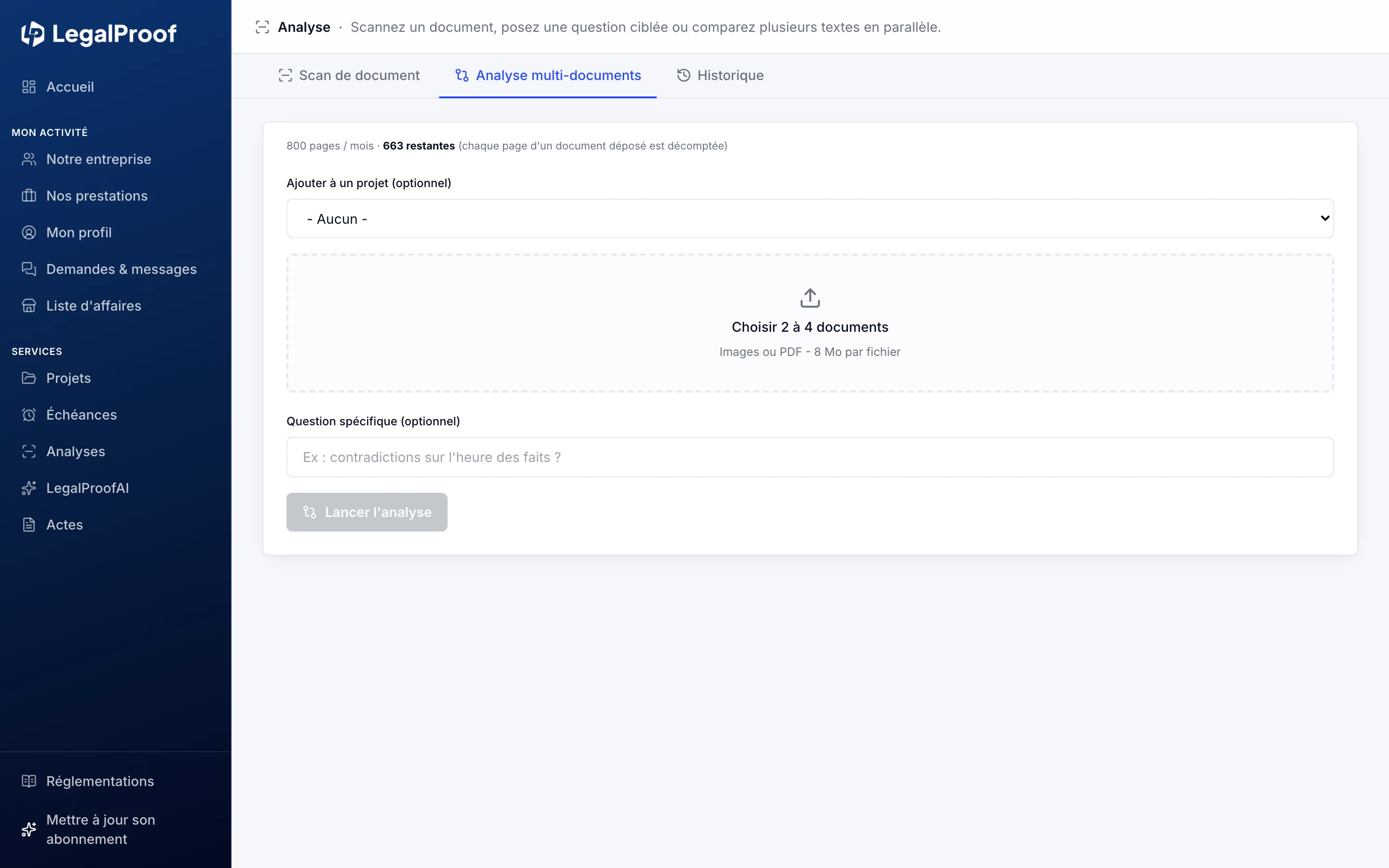 Analyse multi-documents dans LegalProof : la zone de dépôt de deux à quatre pièces, le rattachement à un dossier et le champ de question
