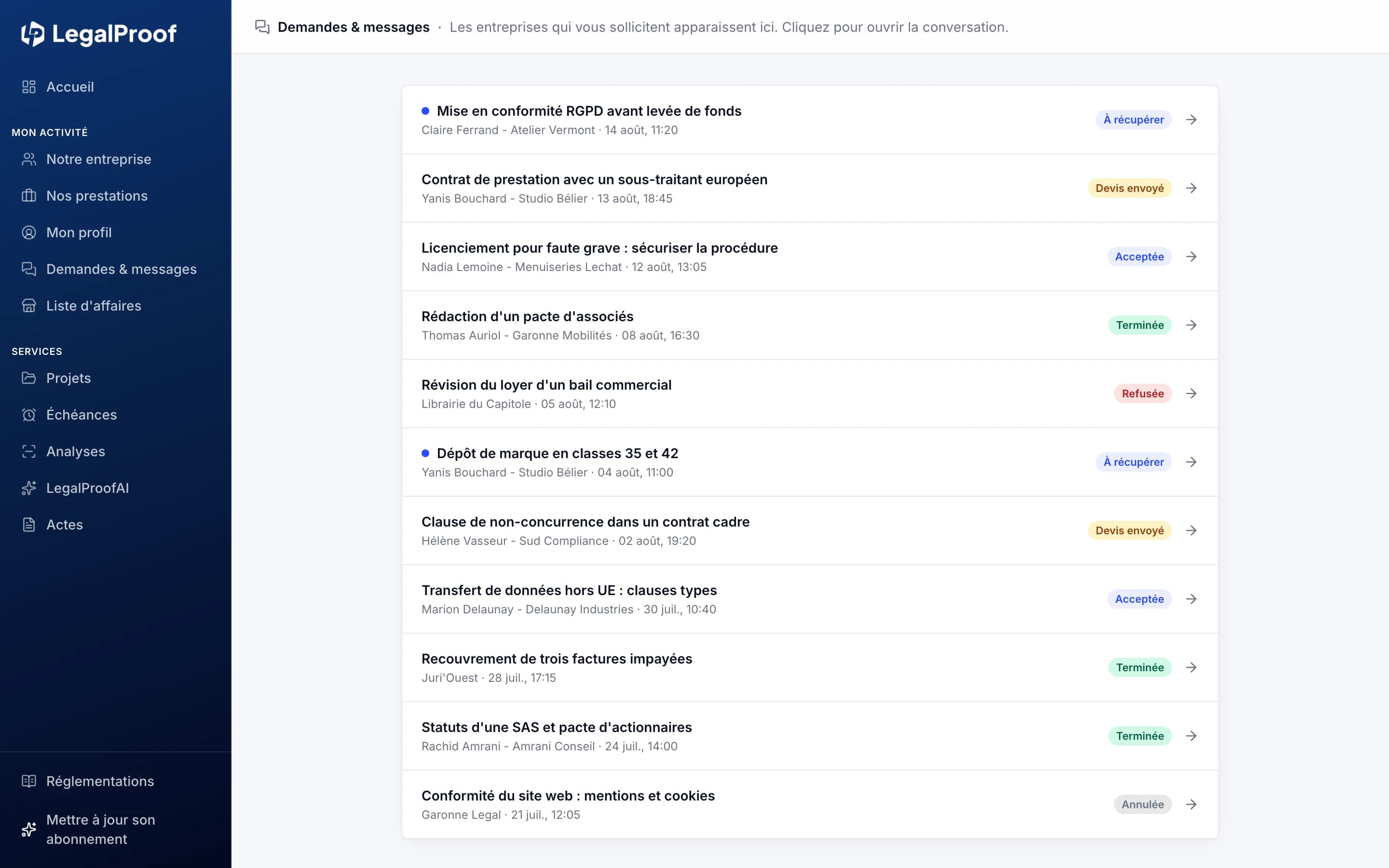 Demandes et messages d'un cabinet dans LegalProof : liste des dossiers avec leur client et leur statut
