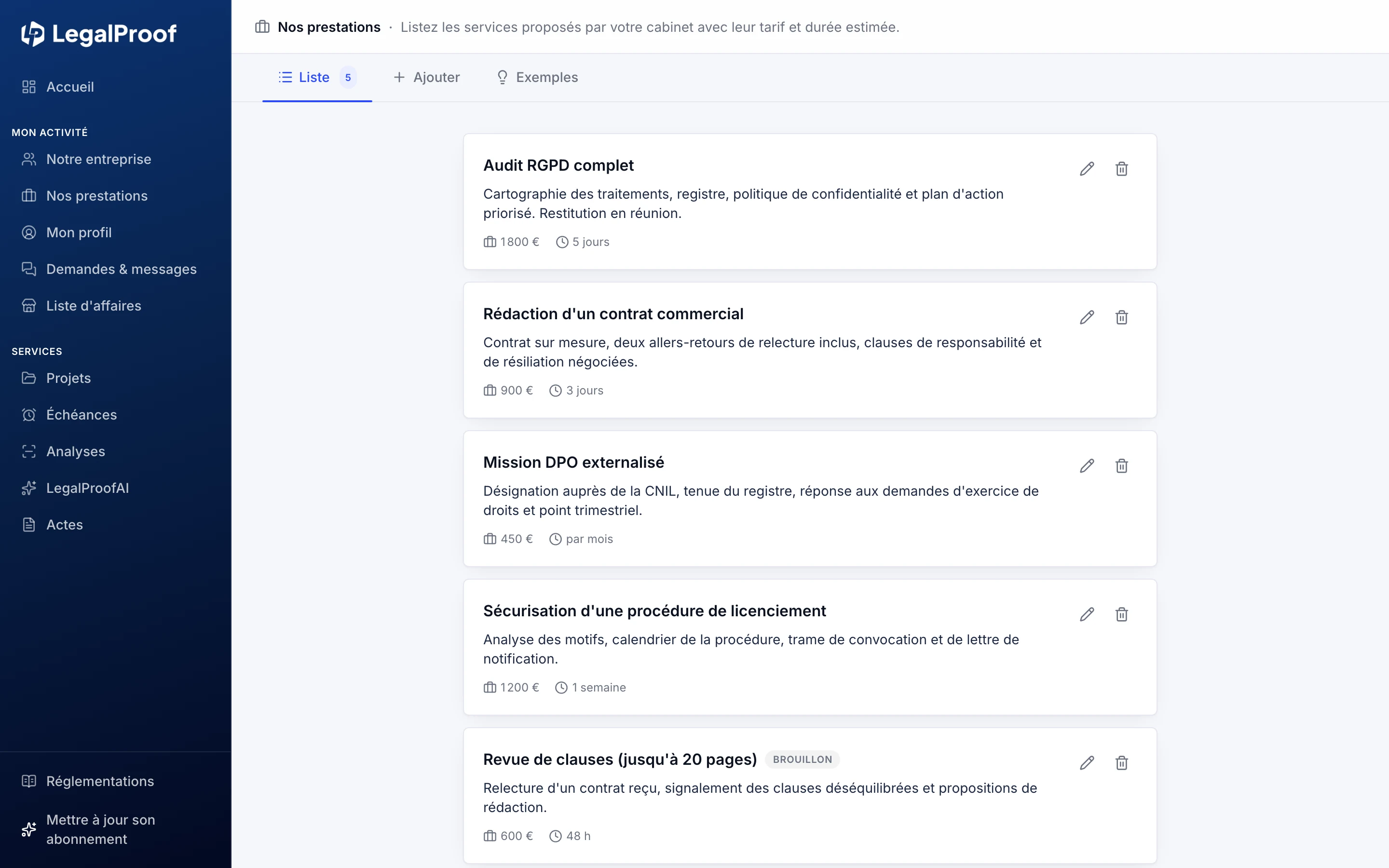 Prestations d'un cabinet dans LegalProof : audit RGPD, rédaction de contrat et mission DPO, chacune avec son tarif et sa durée